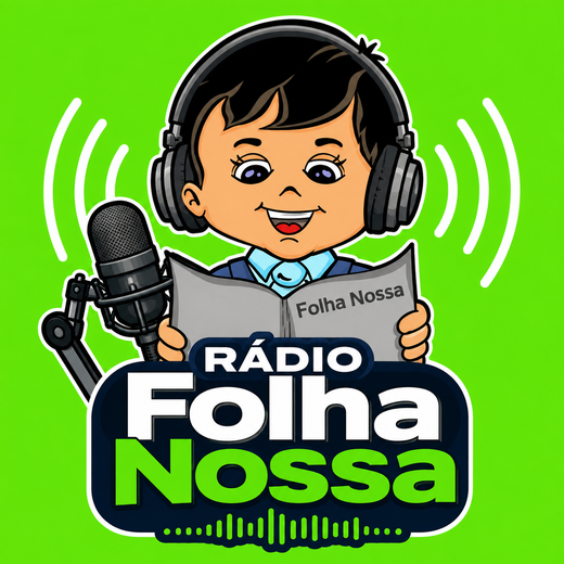Mascote da Rádio Folha Nossa com fones de ouvido e microfone